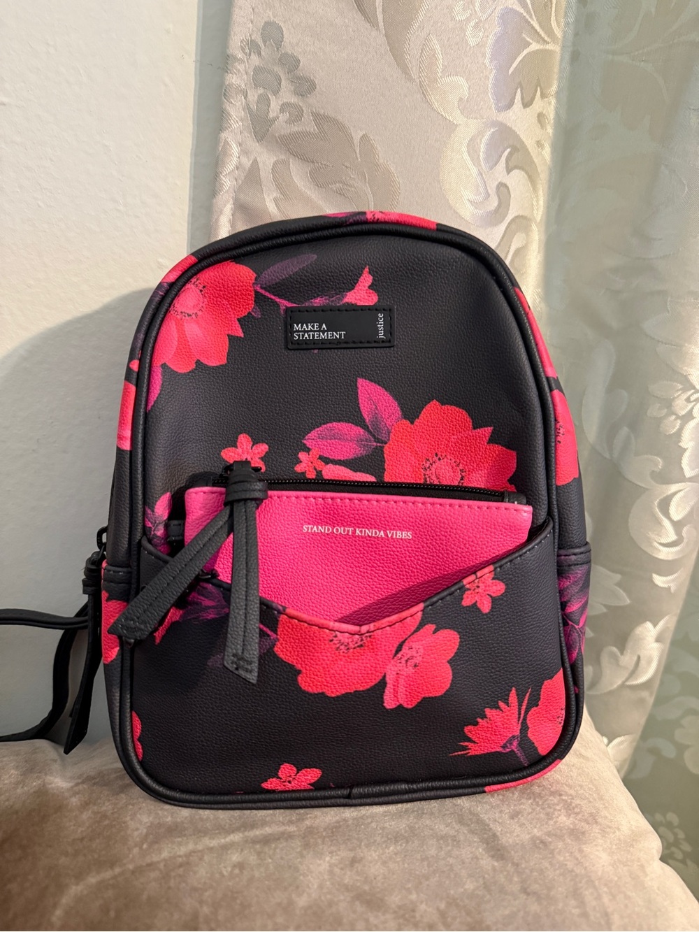 Justice Black Mini Backpack with Pink Floral Print